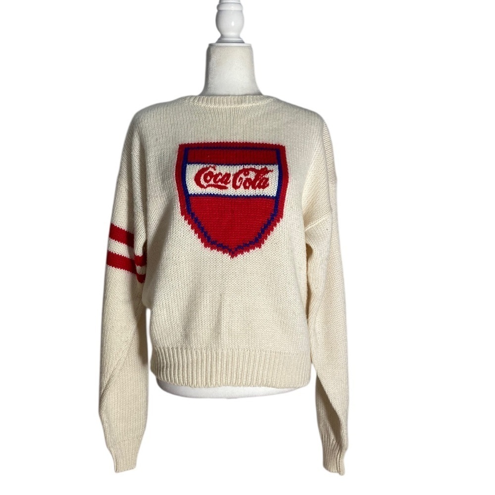Vintage Coca Cola Knit Sweater Cream Intarsia Red Blue Logo Wool Blend 80s - Picture 5 of 11